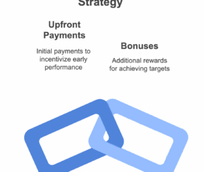 Infographic illustrating a commission plan structure with two key components: Upfront Payments – Initial payments to incentivize early performance Bonuses – Additional rewards for achieving targets. The visual features two interlocking blue chain links, representing the connection between these compensation elements within a cohesive commission strategy.