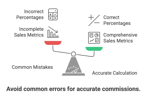 Illustration of a balance scale showing two sides: one labeled "Common Mistakes" with icons for "Incorrect Percentages" and "Incomplete Sales Metrics" tipping down in red, and the other labeled "Accurate Calculation" with icons for "Correct Percentages" and "Comprehensive Sales Metrics" tipping up in green. Caption below reads: "Avoid common errors for accurate commissions."