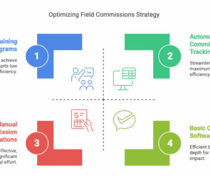 A quadrant chart titled “Optimizing Field Commissions Strategy.” Each quadrant highlights a different approach: Top-left (blue): "Targeted Training Programs" – Enhances skills for high impact despite low efficiency. Top-right (green): "Automated Commission Tracking" – Streamlines processes for maximum impact and efficiency. Bottom-left (red): "Manual Commission Calculations" – Inefficient and ineffective, requiring manual effort. Bottom-right (light green): "Basic Commission Software" – Efficient but lacks significant impact. Icons and numbers visually support each section.