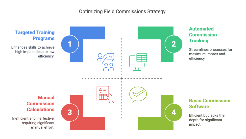 A quadrant chart titled “Optimizing Field Commissions Strategy.” Each quadrant highlights a different approach: Top-left (blue): "Targeted Training Programs" – Enhances skills for high impact despite low efficiency. Top-right (green): "Automated Commission Tracking" – Streamlines processes for maximum impact and efficiency. Bottom-left (red): "Manual Commission Calculations" – Inefficient and ineffective, requiring manual effort. Bottom-right (light green): "Basic Commission Software" – Efficient but lacks significant impact. Icons and numbers visually support each section.