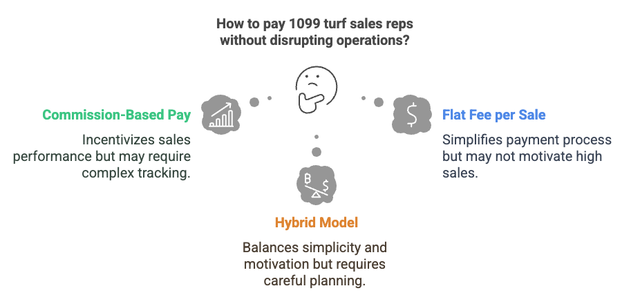 An infographic titled “How to pay 1099 turf sales reps without disrupting operations?” featuring three payment models. Left: Commission-Based Pay (green) – incentivizes performance but requires complex tracking. Right: Flat Fee per Sale (blue) – simplifies payment but may reduce motivation. Bottom center: Hybrid Model (orange) – balances simplicity and motivation with strategic planning. A thinking face icon connects the options visually.