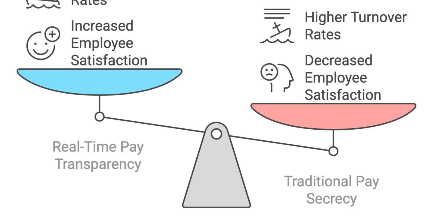 Infographic comparing Real-Time Pay Transparency with Traditional Pay Secrecy using a seesaw graphic. On the left, Real-Time Pay Transparency leads to lower turnover rates and increased employee satisfaction (depicted with a blue, elevated scale). On the right, Traditional Pay Secrecy results in higher turnover rates and decreased satisfaction (shown with a red, lowered scale). Caption below reads: "Transparency boosts satisfaction and retention."