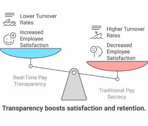 Infographic comparing Real-Time Pay Transparency with Traditional Pay Secrecy using a seesaw graphic. On the left, Real-Time Pay Transparency leads to lower turnover rates and increased employee satisfaction (depicted with a blue, elevated scale). On the right, Traditional Pay Secrecy results in higher turnover rates and decreased satisfaction (shown with a red, lowered scale). Caption below reads: "Transparency boosts satisfaction and retention."