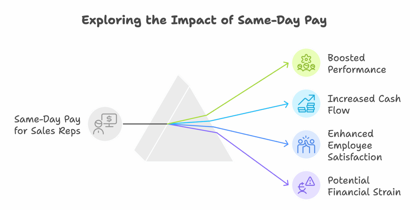 Infographic titled "Exploring the Impact of Same-Day Pay" with a central pyramid linking "Same-Day Pay for Sales Reps" (left side) to four outcomes (right side), each with a colored arrow and icon: Boosted Performance (green icon with group and star) Increased Cash Flow (blue icon with upward chart and money) Enhanced Employee Satisfaction (light blue icon with team figures) Potential Financial Strain (purple icon with warning sign and dollar symbol). Illustrates both benefits and risks of offering same-day pay to sales representatives.
