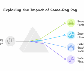 Infographic titled "Exploring the Impact of Same-Day Pay" with a central pyramid linking "Same-Day Pay for Sales Reps" (left side) to four outcomes (right side), each with a colored arrow and icon: Boosted Performance (green icon with group and star) Increased Cash Flow (blue icon with upward chart and money) Enhanced Employee Satisfaction (light blue icon with team figures) Potential Financial Strain (purple icon with warning sign and dollar symbol). Illustrates both benefits and risks of offering same-day pay to sales representatives.