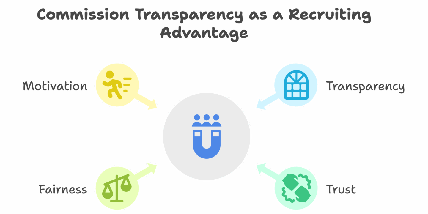 Infographic titled "Commission Transparency as a Recruiting Advantage" with a central magnet icon representing attraction, surrounded by four arrows pointing to key benefits: Motivation (yellow icon with running figure) Fairness (light green icon with scales of justice) Trust (teal icon with handshake) Transparency (blue icon with window). These elements illustrate how transparent commission structures can enhance recruitment efforts.