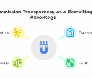 Infographic titled "Commission Transparency as a Recruiting Advantage" with a central magnet icon representing attraction, surrounded by four arrows pointing to key benefits: Motivation (yellow icon with running figure) Fairness (light green icon with scales of justice) Trust (teal icon with handshake) Transparency (blue icon with window). These elements illustrate how transparent commission structures can enhance recruitment efforts.
