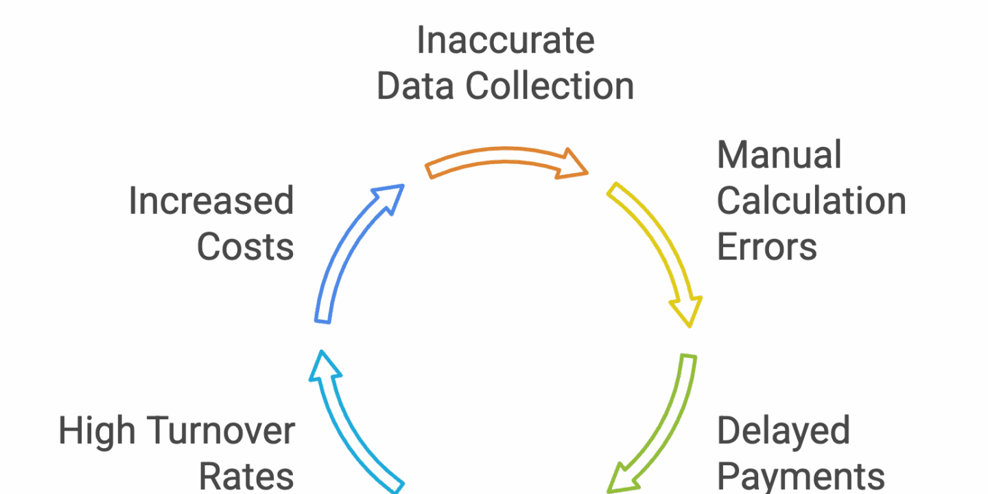 Circular diagram illustrating the cycle of sales rep payroll problems, including inaccurate data collection, manual calculation errors, delayed payments, employee dissatisfaction, high turnover rates, and increased costs.