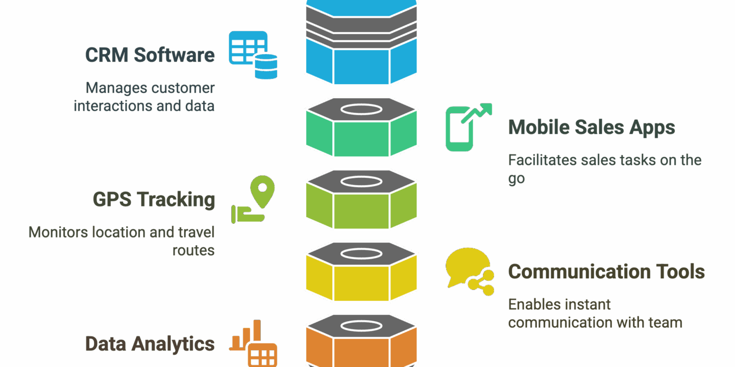 Infographic titled “Essential Tools for Mobile Sales Reps” showing a funnel-shaped diagram with five horizontal layers, each representing a tool category. From top to bottom: CRM Software – Manages customer interactions and data (blue). Mobile Sales Apps – Facilitates sales tasks on the go (green). GPS Tracking – Monitors location and travel routes (light green). Communication Tools – Enables instant communication with team (yellow). Data Analytics – Provides insights into sales performance (orange). Icons next to each layer visually represent the function.