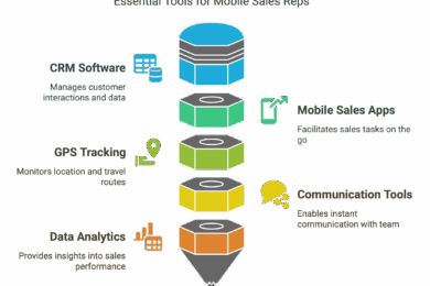 Infographic titled “Essential Tools for Mobile Sales Reps” showing a funnel-shaped diagram with five horizontal layers, each representing a tool category. From top to bottom: CRM Software – Manages customer interactions and data (blue). Mobile Sales Apps – Facilitates sales tasks on the go (green). GPS Tracking – Monitors location and travel routes (light green). Communication Tools – Enables instant communication with team (yellow). Data Analytics – Provides insights into sales performance (orange). Icons next to each layer visually represent the function.