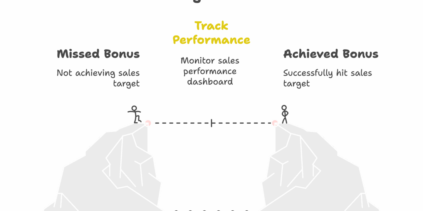 Illustration showing a sales rep bridging the gap from missed bonus to achieved bonus using a sales performance dashboard to track performance.