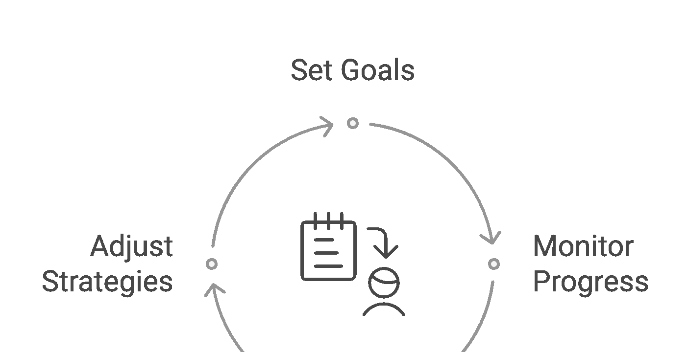 Visual diagram of the daily tracking cycle for top sales reps showing four key steps: Set Goals, Monitor Progress, Analyze Data, and Adjust Strategies—illustrating how a sales performance dashboard helps reps stay accountable and proactive.