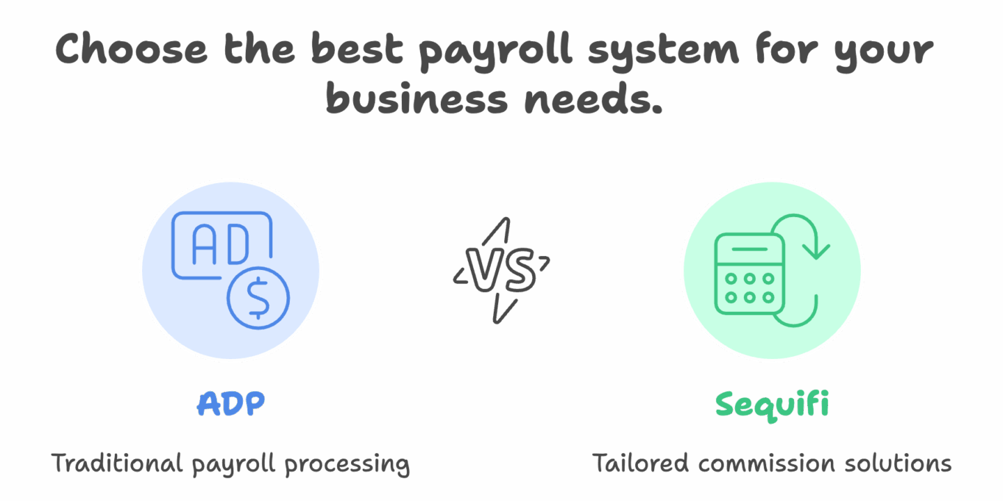 ADP vs Sequifi comparison – Traditional payroll vs commission tracking software. Visual shows ADP as a standard payroll system and Sequifi as a tailored commission tracking software for sales teams.