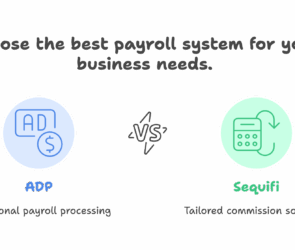 ADP vs Sequifi comparison – Traditional payroll vs commission tracking software. Visual shows ADP as a standard payroll system and Sequifi as a tailored commission tracking software for sales teams.