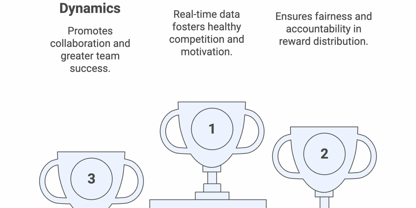 Key benefits of real-time leaderboards with commission tracking software: strengthened team dynamics through collaboration, enhanced productivity via healthy competition, and transparent payouts for fairness and accountability.