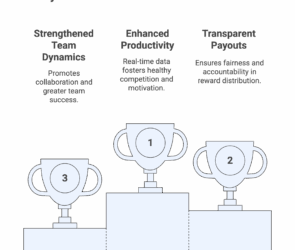 Key benefits of real-time leaderboards with commission tracking software: strengthened team dynamics through collaboration, enhanced productivity via healthy competition, and transparent payouts for fairness and accountability.