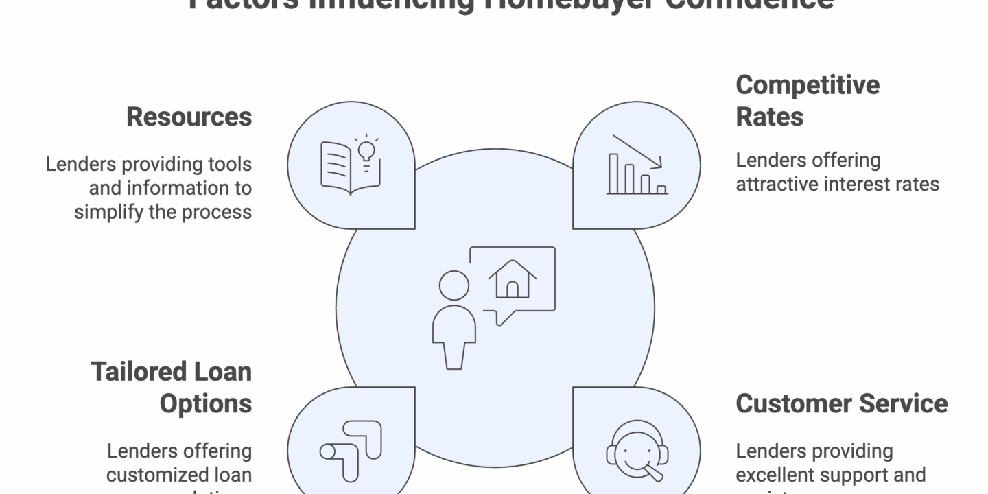 Factors influencing homebuyer confidence visual, highlighting competitive rates, tailored loan options, resources, and customer service — key elements supported by mortgage agent commission software.