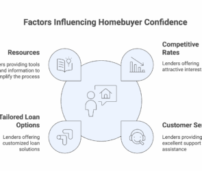 Factors influencing homebuyer confidence visual, highlighting competitive rates, tailored loan options, resources, and customer service — key elements supported by mortgage agent commission software.