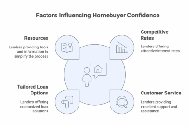 Factors influencing homebuyer confidence visual, highlighting competitive rates, tailored loan options, resources, and customer service — key elements supported by mortgage agent commission software.