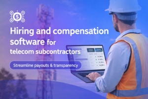 Telecom subcontractor in a safety vest viewing a laptop with compensation software. A cell tower is visible in the background. Text overlay reads: “Hiring and compensation software for telecom subcontractors – Streamline payouts & transparency.
