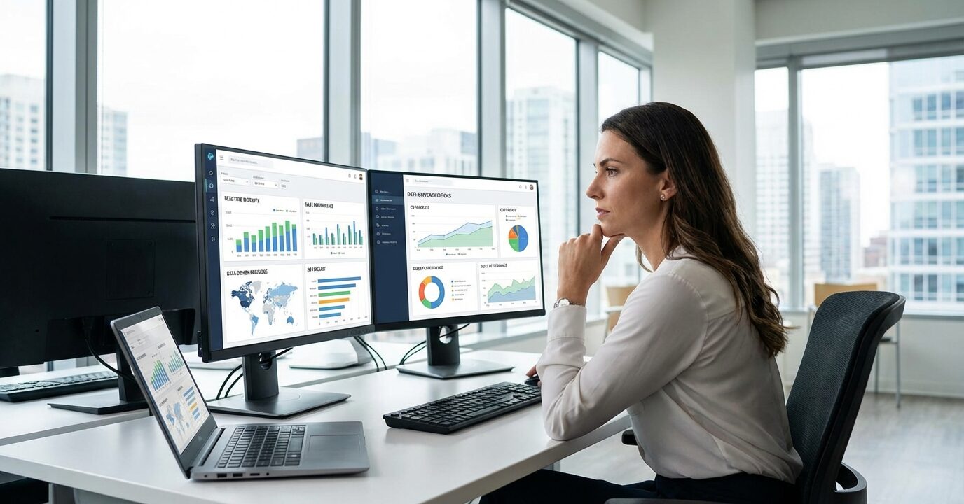 Sales operations manager reviewing commission tracking software dashboard