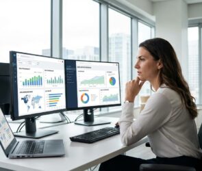 Sales operations manager reviewing commission tracking software dashboard