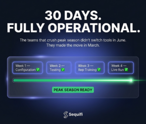 30-day commission tracking software onboarding timeline showing 4 weekly milestones — configuration, testing, rep training and live run — peak season ready with Sequifi