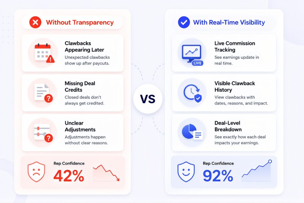 why do sales reps not trust their commission payments — clawback transparency and real-time visibility comparison