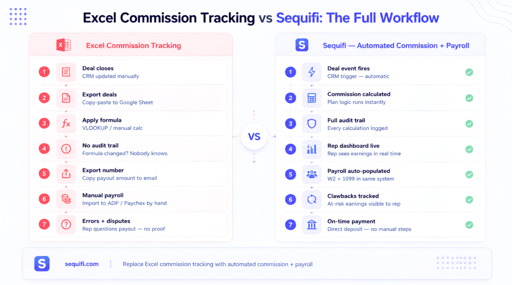 Excel commission tracking workflow vs Sequifi — 7-step manual spreadsheet process with errors vs automated commission calculation and payroll in one platform