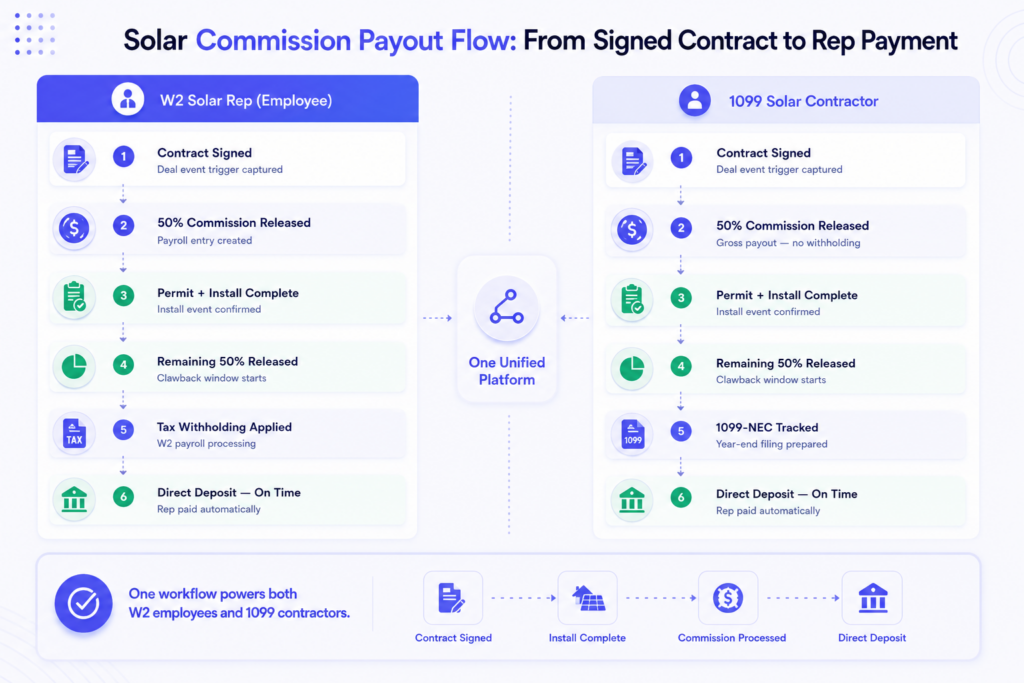 How solar commission payout flows from deal close to install trigger to rep payment — W2 and 1099 unified in Sequifi Solar commission payout