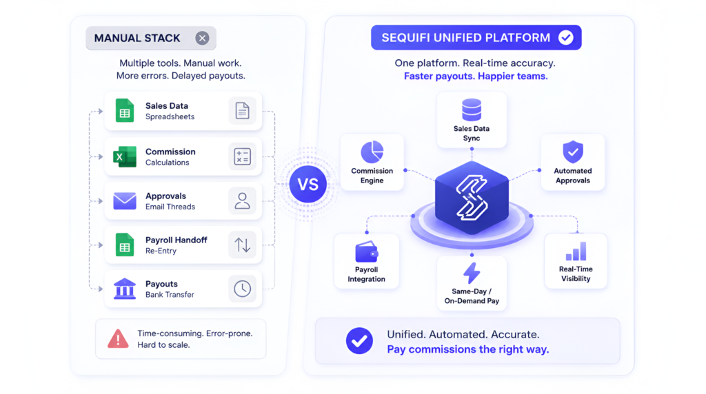 manual stack vs Sequifi unified commission and payroll platform